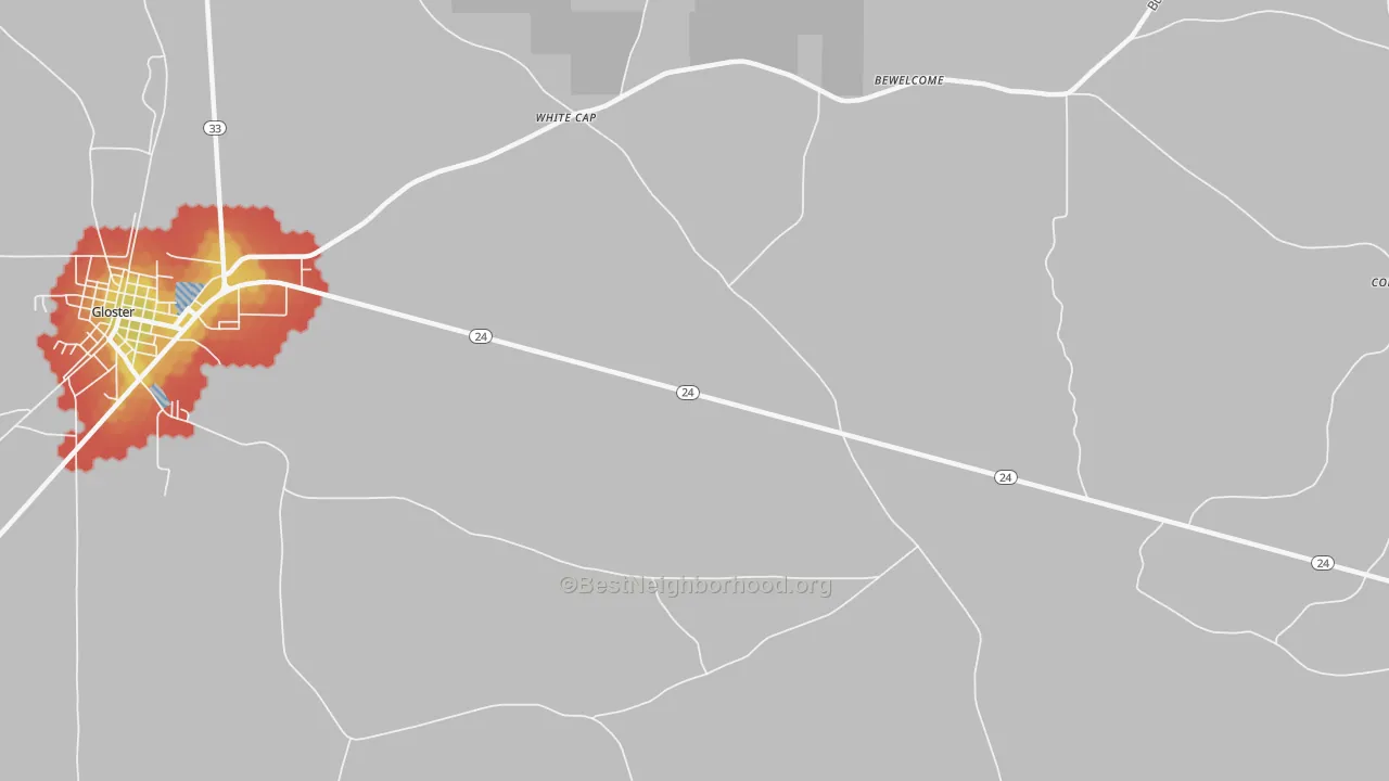 Walk Grade map of White Cap, MS, walkable areas in green and car-dependent areas in red