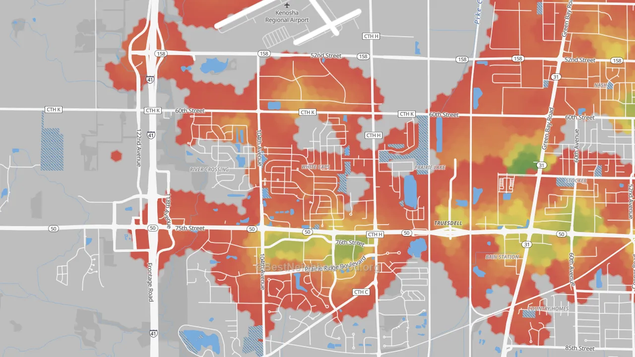 Walk Grade map of White Caps, Kenosha, WI, walkable areas in green and car-dependent areas in red
