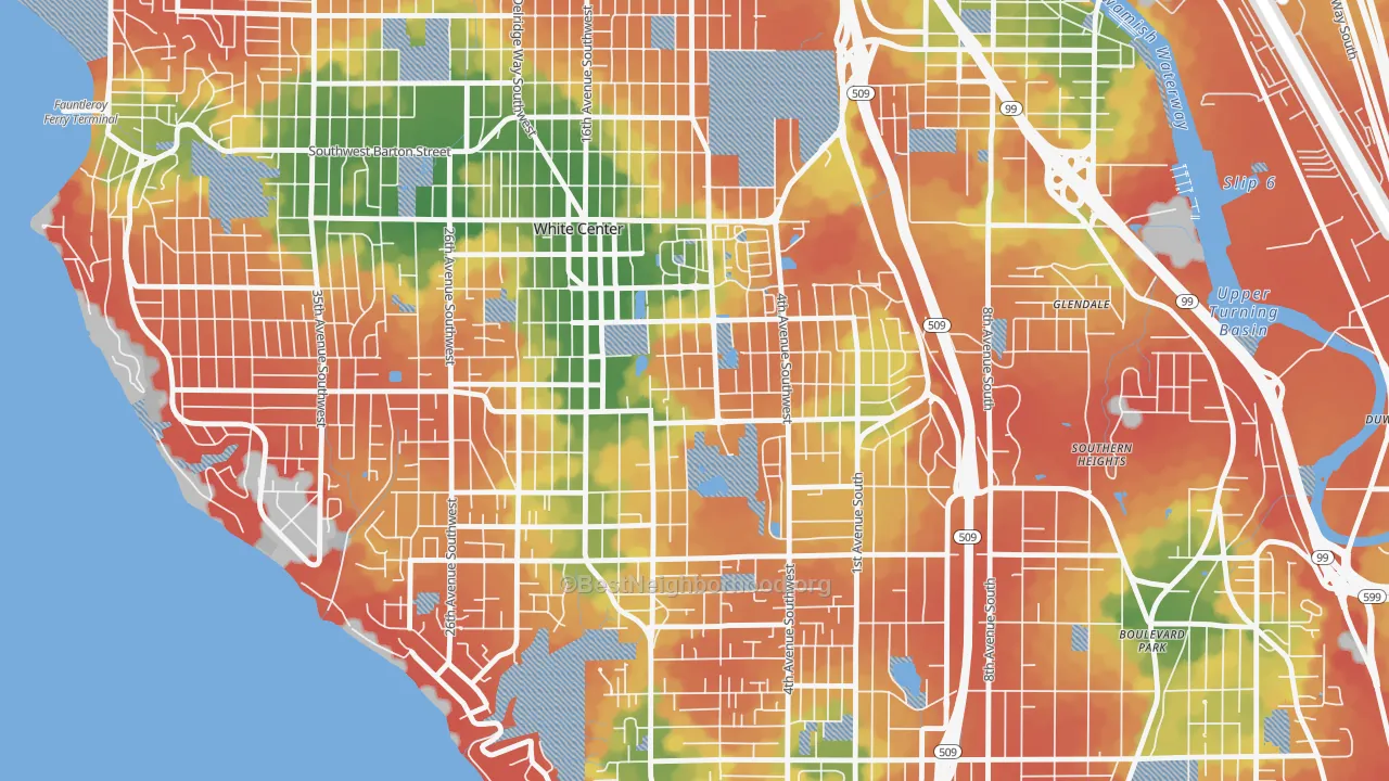 Walk Grade map of White Center, WA, walkable areas in green and car-dependent areas in red