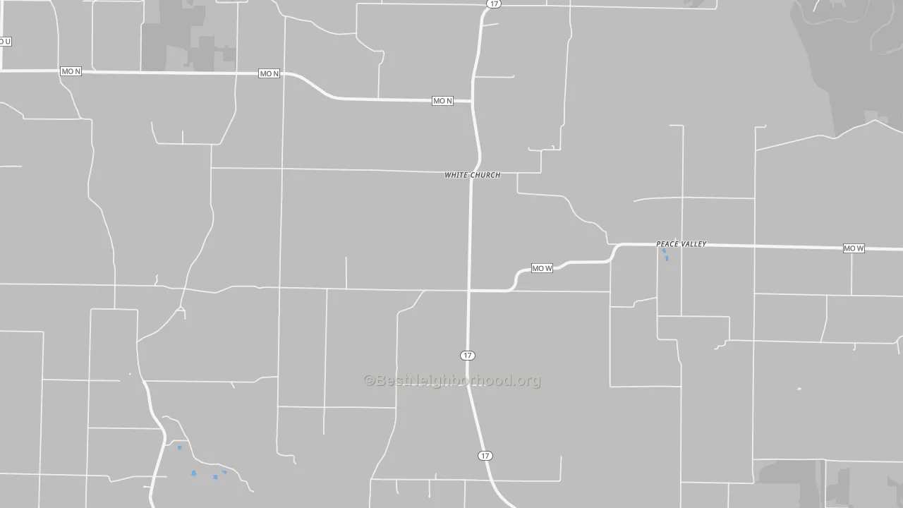 Walk Grade map of White Church, MO, walkable areas in green and car-dependent areas in red