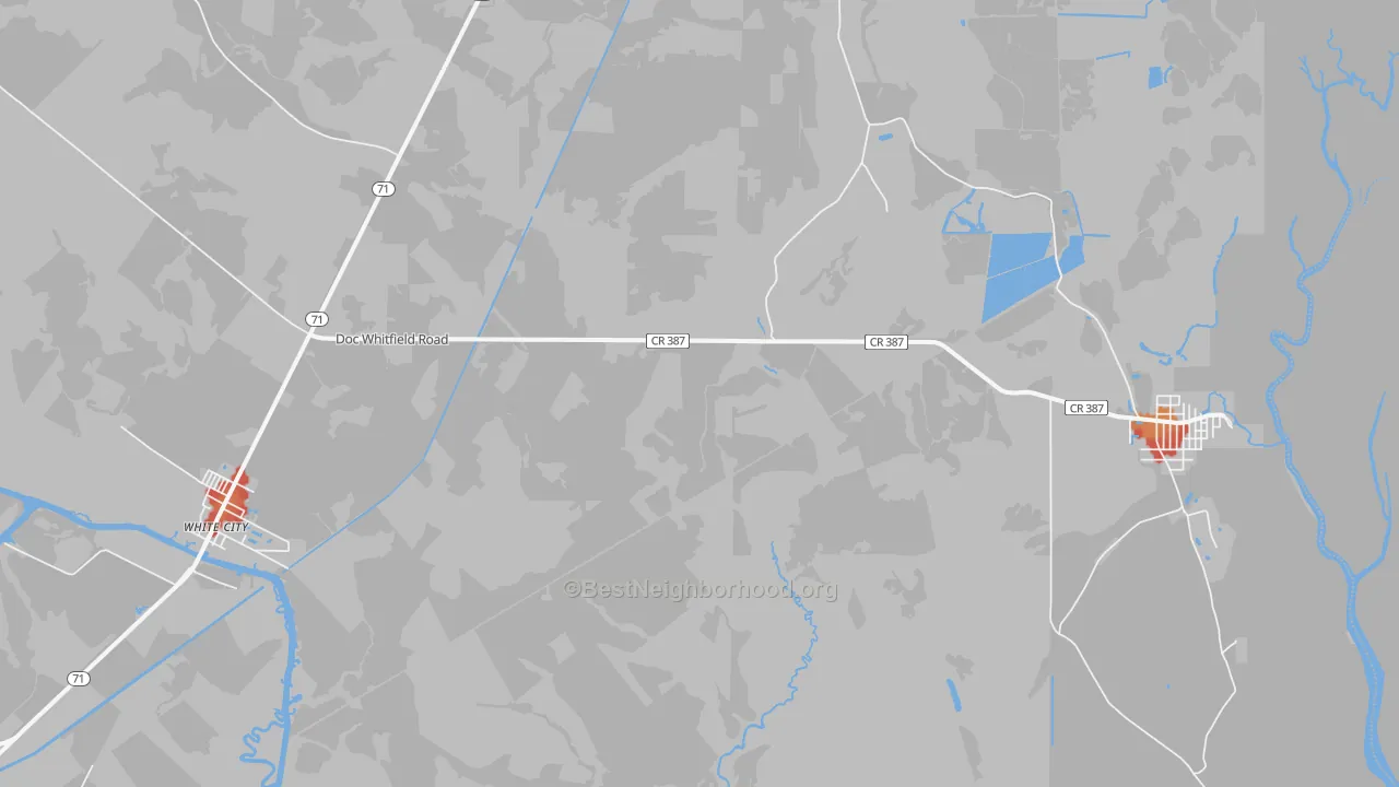 Walk Grade map of White City, FL, walkable areas in green and car-dependent areas in red
