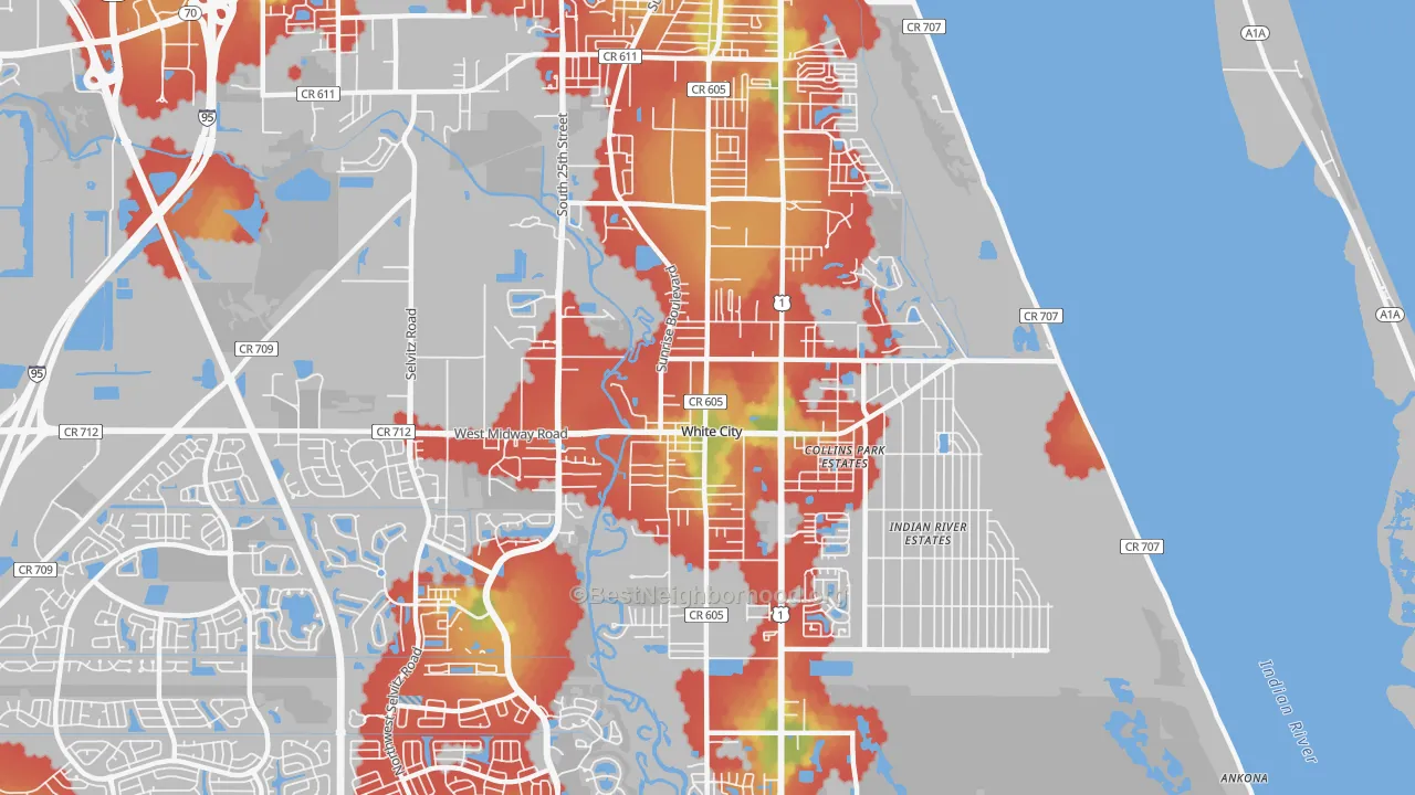 Walk Grade map of White City, Fort Pierce, FL, walkable areas in green and car-dependent areas in red