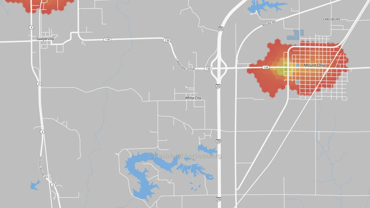 Walk Grade map of White City, IL, walkable areas in green and car-dependent areas in red