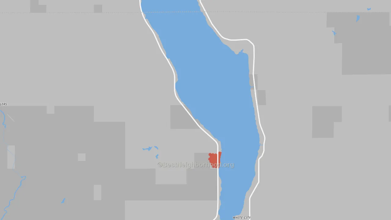 Walk Grade map of White City, MI, walkable areas in green and car-dependent areas in red