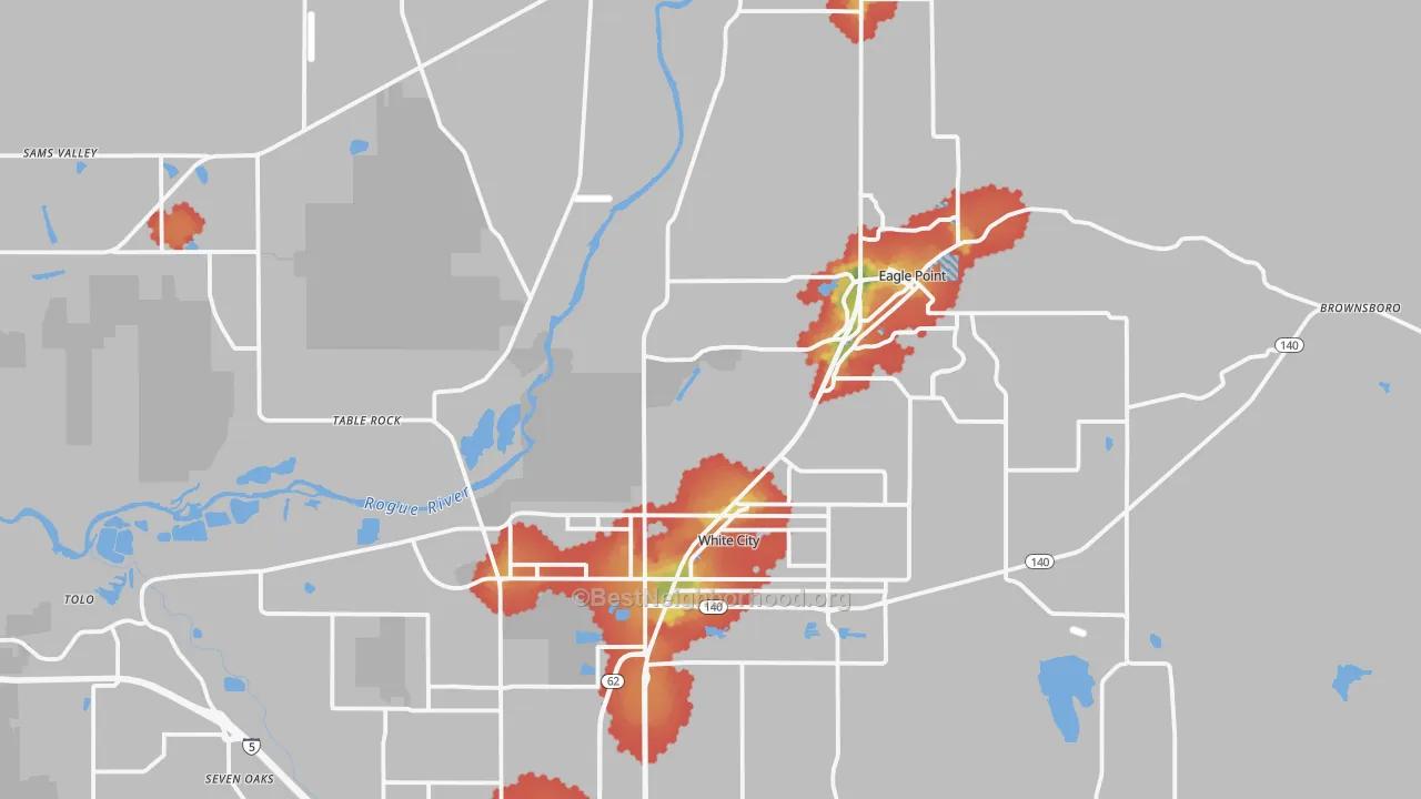 Walk Grade map of White City, OR, walkable areas in green and car-dependent areas in red