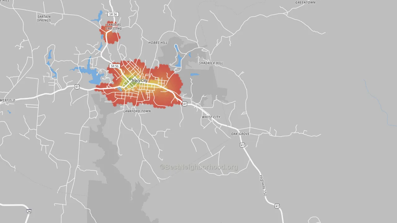 Walk Grade map of White City, TN, walkable areas in green and car-dependent areas in red