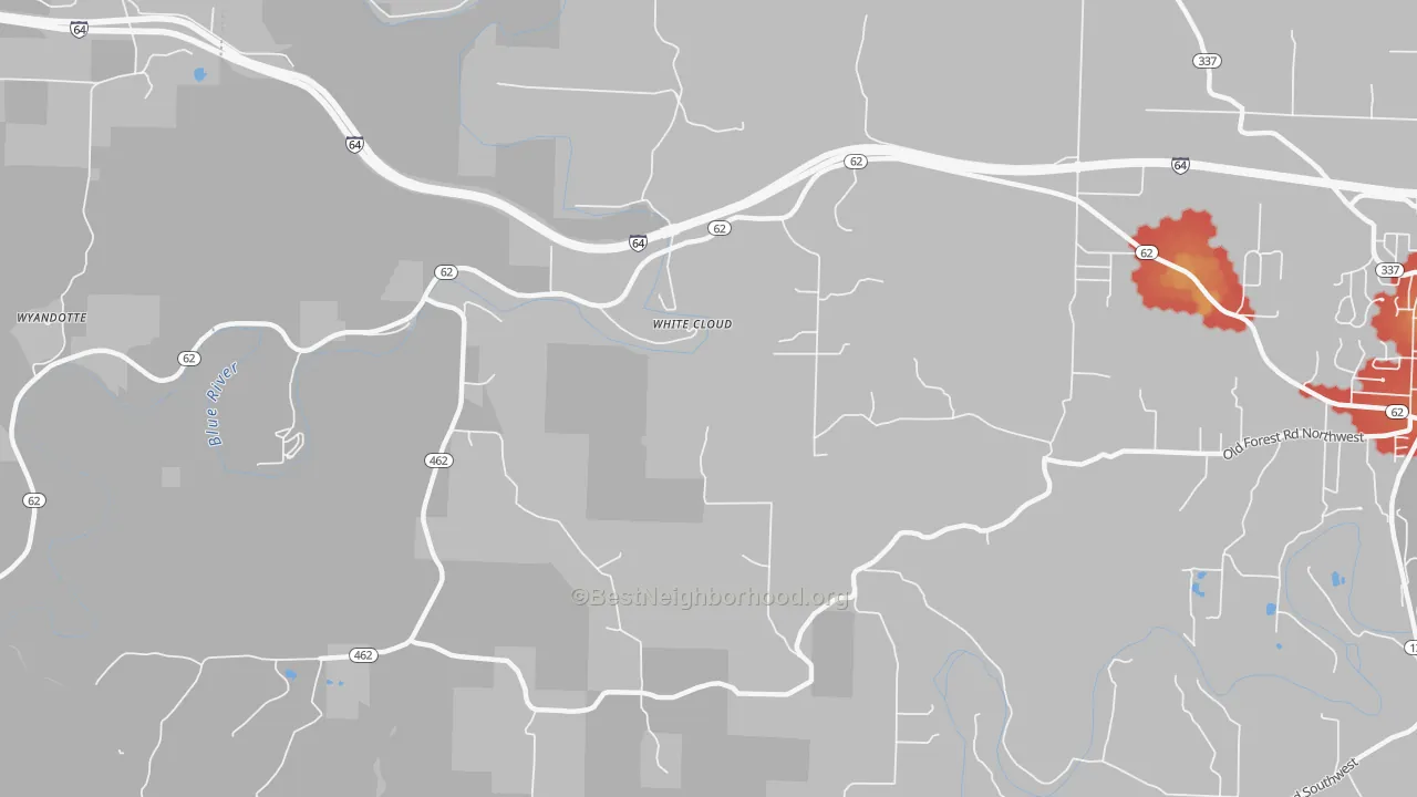 Walk Grade map of White Cloud, IN, walkable areas in green and car-dependent areas in red