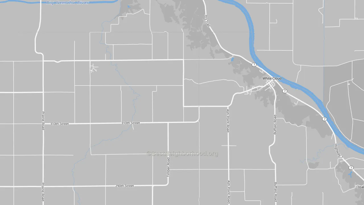 Walk Grade map of White Cloud, KS, walkable areas in green and car-dependent areas in red