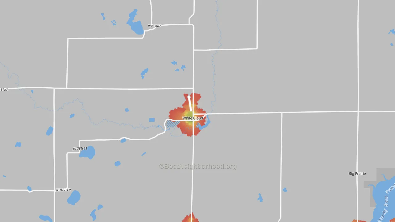 Walk Grade map of White Cloud, MI, walkable areas in green and car-dependent areas in red