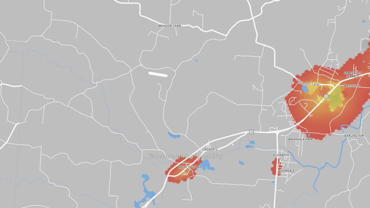 Walk Grade map of White Cottage, OH, walkable areas in green and car-dependent areas in red