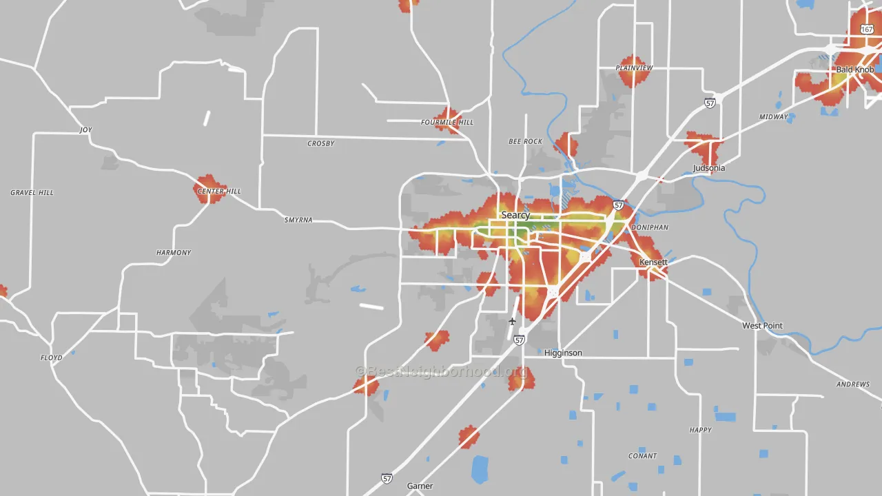 Walk Grade map of White County, AR, walkable areas in green and car-dependent areas in red