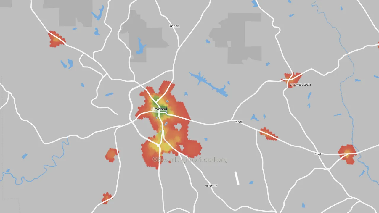 Walk Grade map of White County, GA, walkable areas in green and car-dependent areas in red