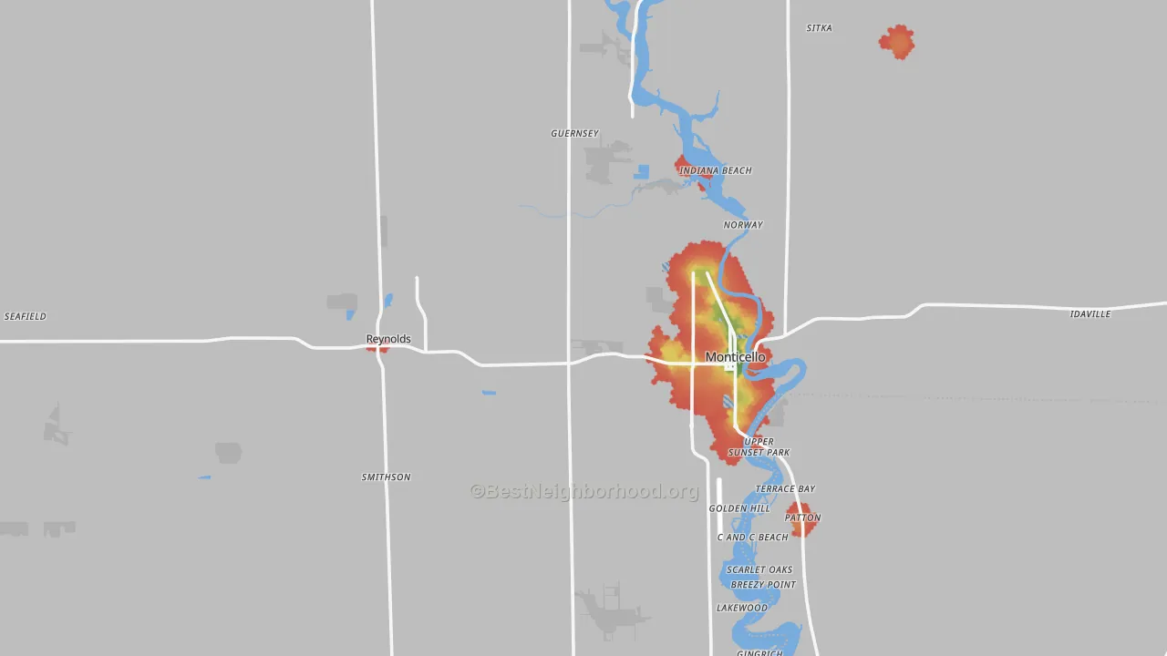 Walk Grade map of White County, IN, walkable areas in green and car-dependent areas in red