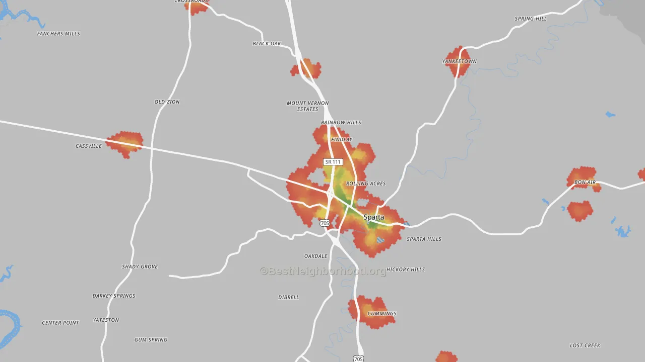 Walk Grade map of White County, TN, walkable areas in green and car-dependent areas in red
