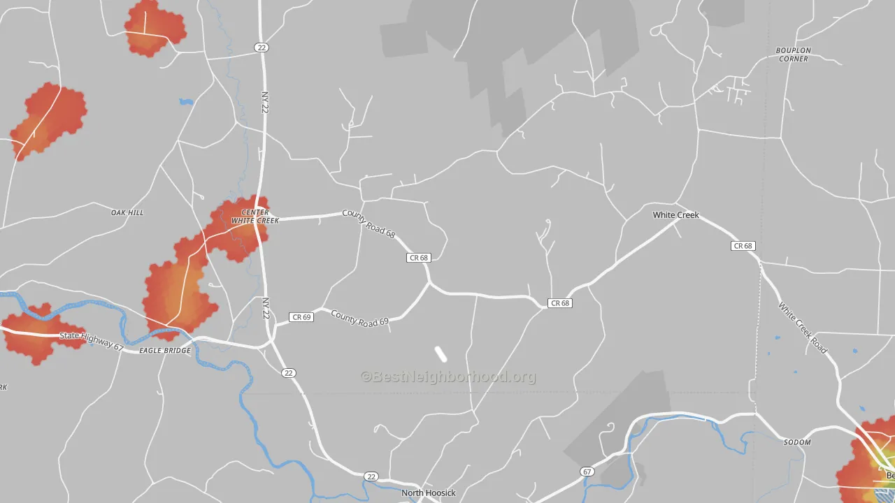Walk Grade map of White Creek, NY, walkable areas in green and car-dependent areas in red