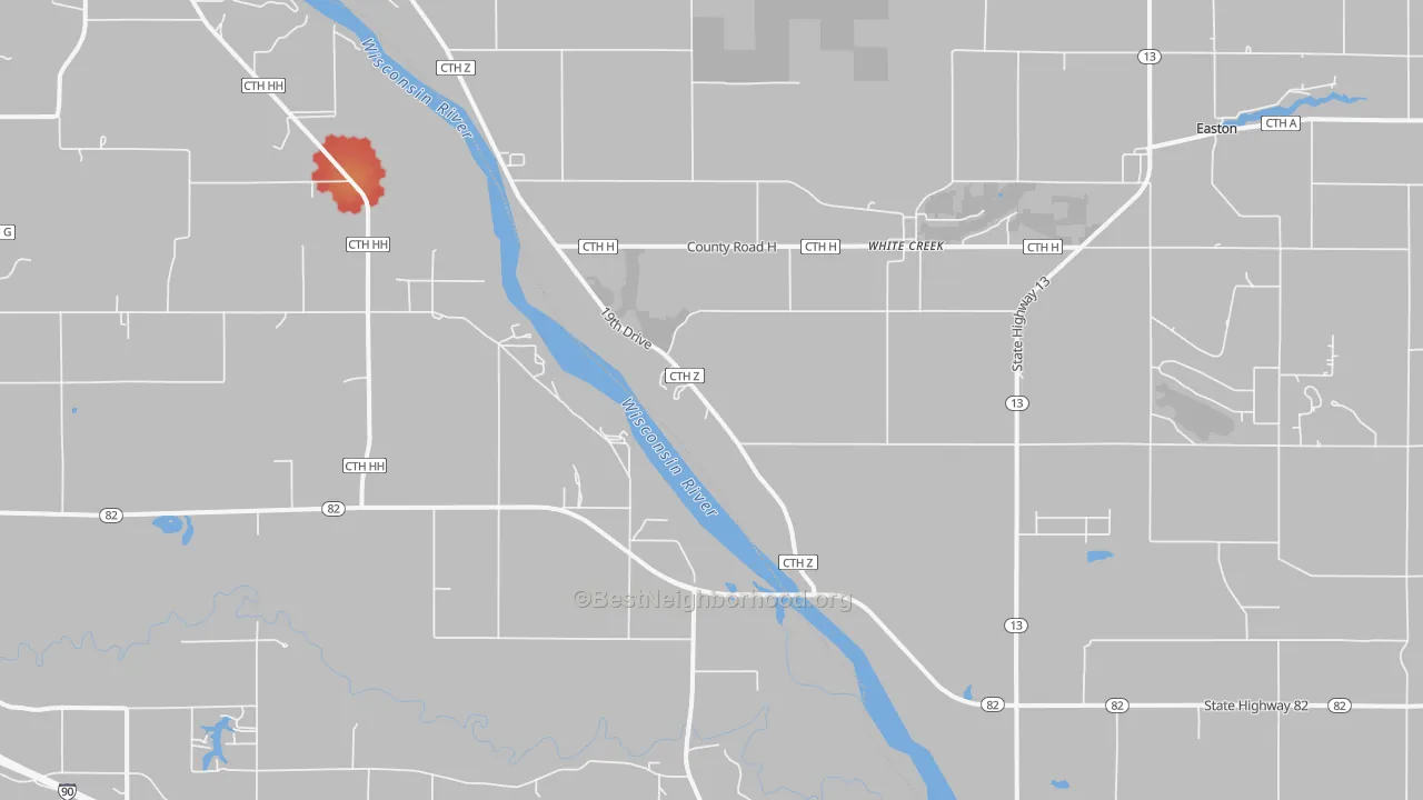 Walk Grade map of White Creek, WI, walkable areas in green and car-dependent areas in red