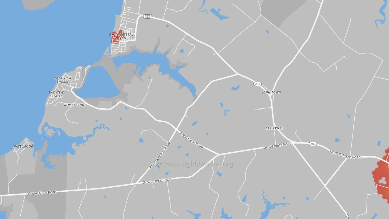Walk Grade map of White Crystal Beach, MD, walkable areas in green and car-dependent areas in red