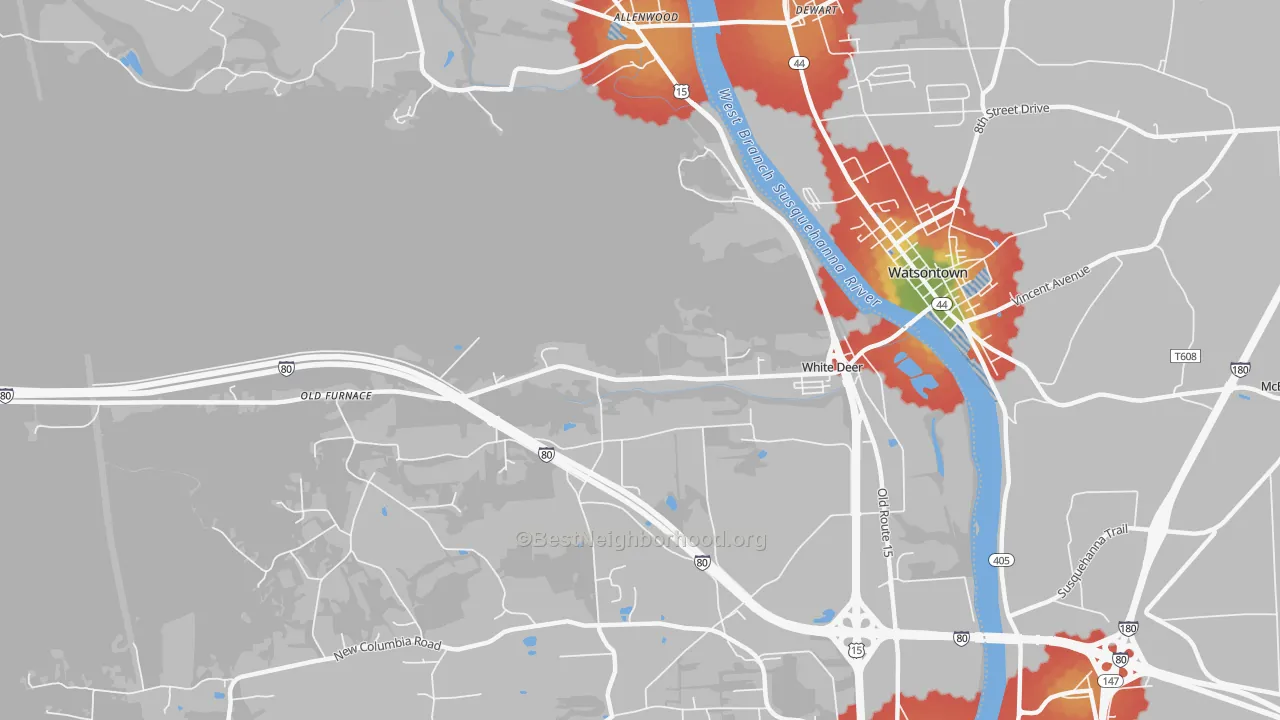 Walk Grade map of White Deer, PA, walkable areas in green and car-dependent areas in red