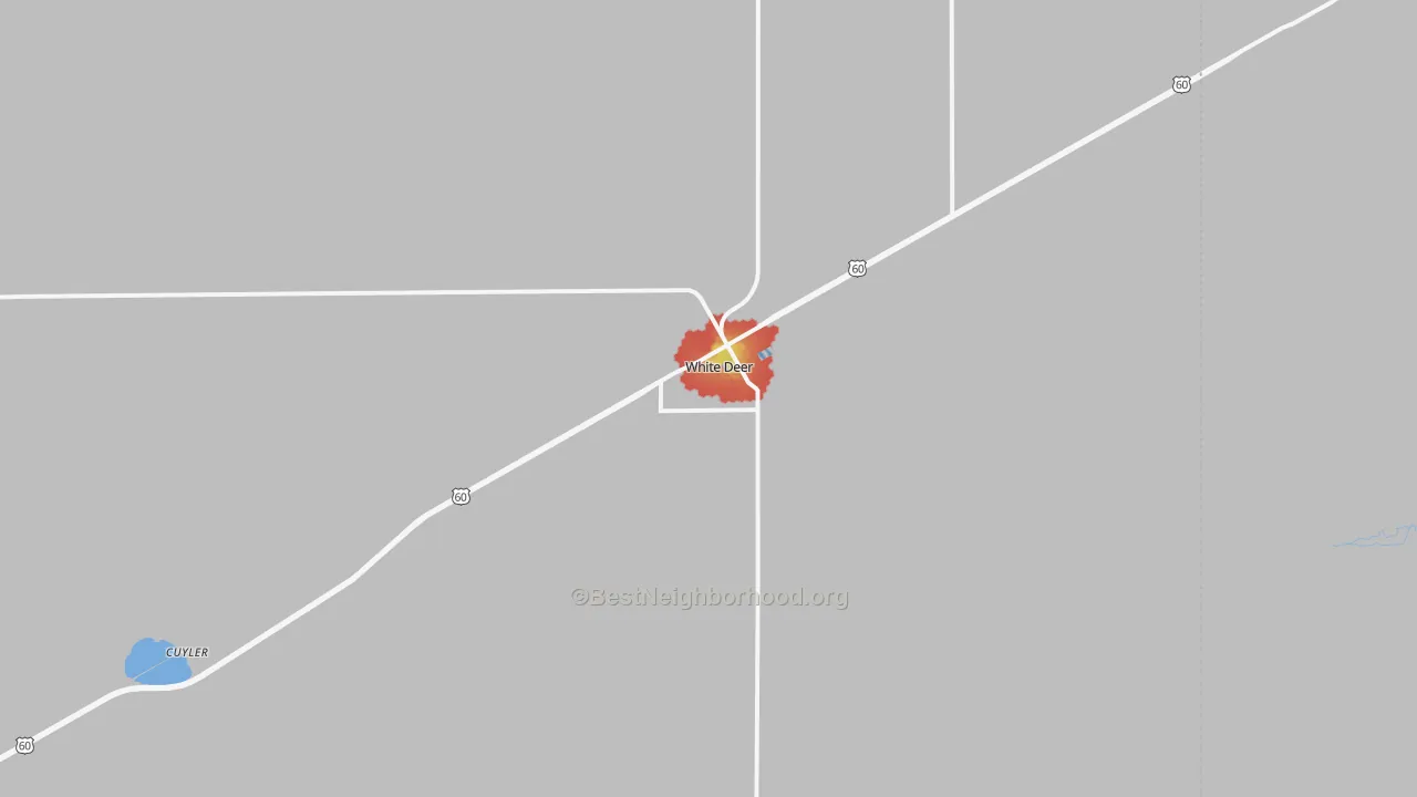 Walk Grade map of White Deer, TX, walkable areas in green and car-dependent areas in red