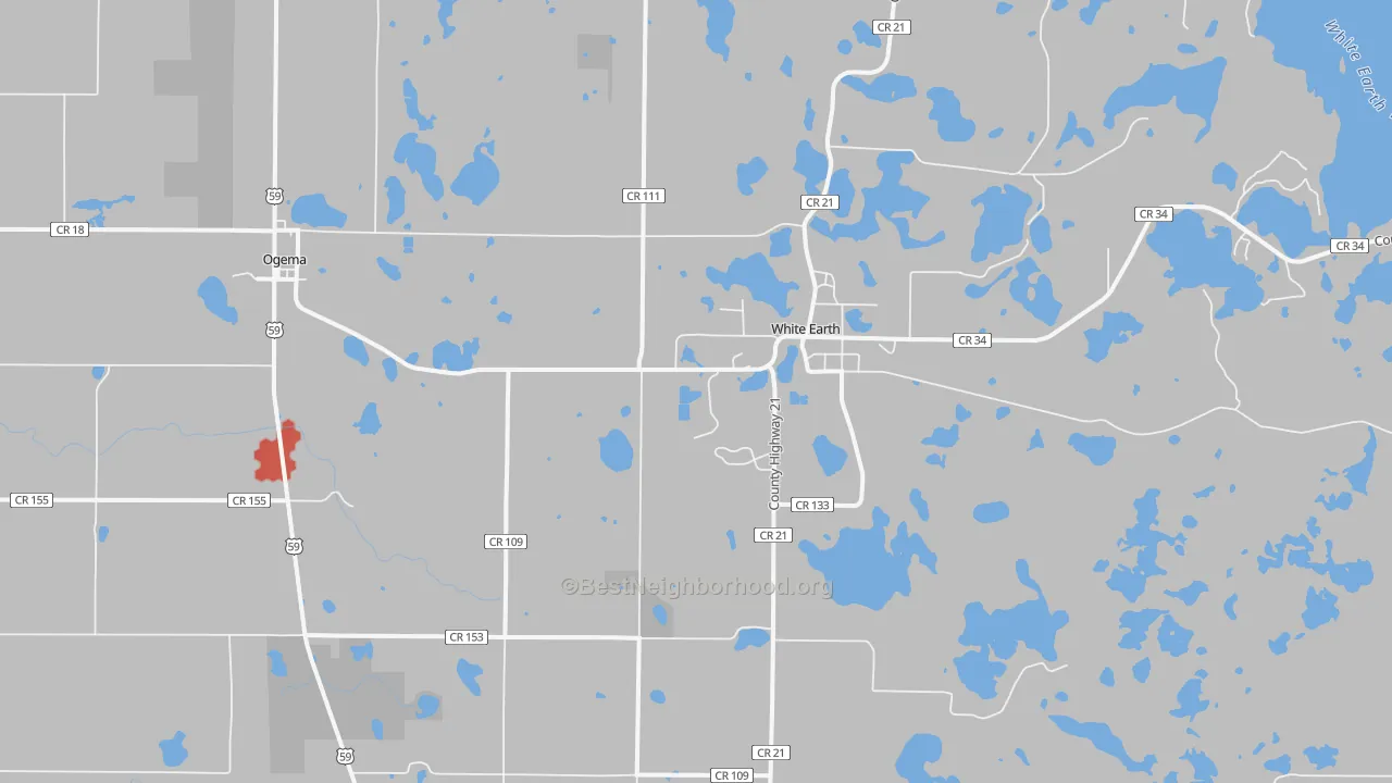 Walk Grade map of White Earth, MN, walkable areas in green and car-dependent areas in red