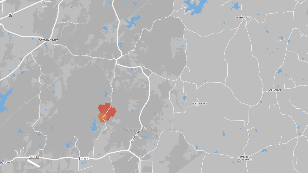Walk Grade map of White Fern, TN, walkable areas in green and car-dependent areas in red