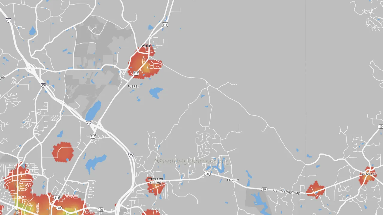 Walk Grade map of White, GA, walkable areas in green and car-dependent areas in red