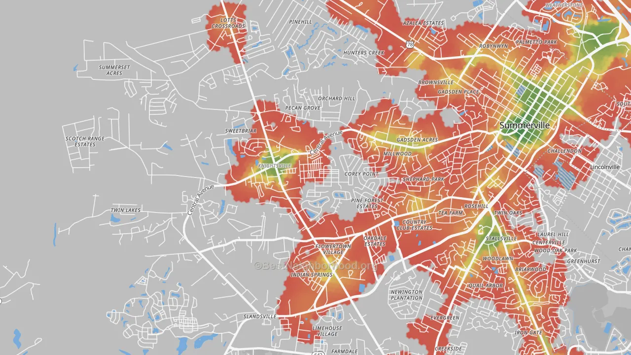 Walk Grade map of White Gables, Summerville, SC, walkable areas in green and car-dependent areas in red