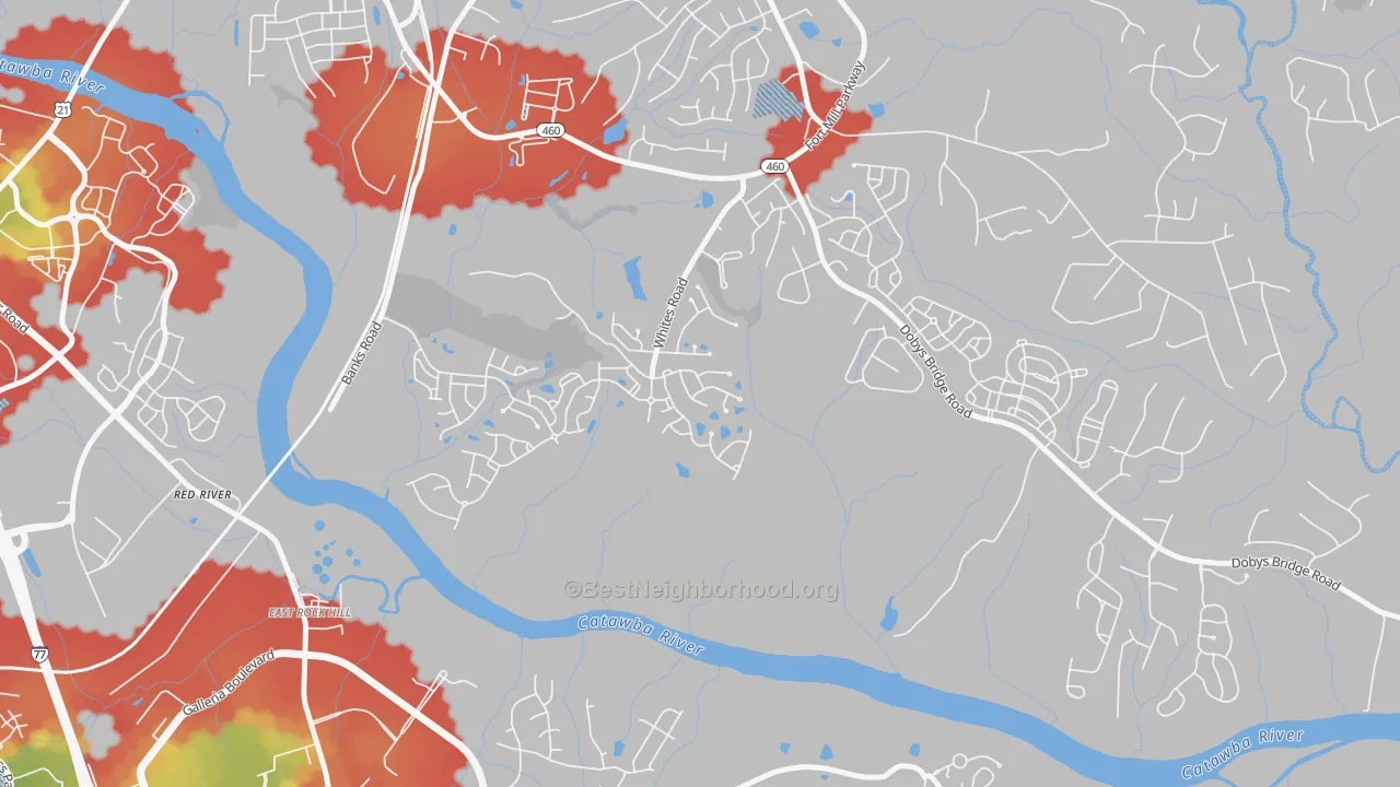 Walk Grade map of White Grove, Fort Mill, SC, walkable areas in green and car-dependent areas in red