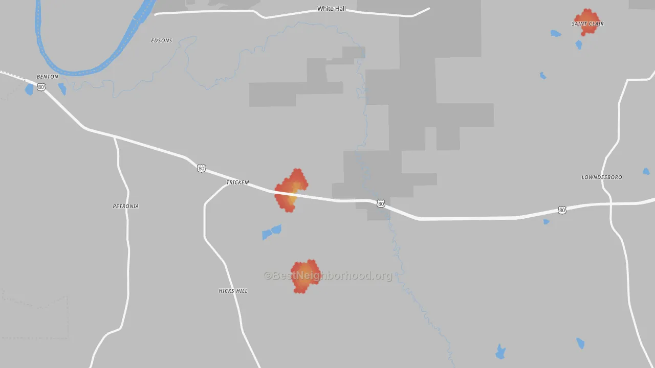 Walk Grade map of White Hall, AL, walkable areas in green and car-dependent areas in red