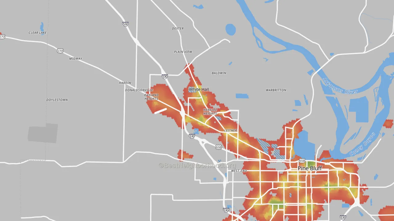 Walk Grade map of White Hall, AR, walkable areas in green and car-dependent areas in red