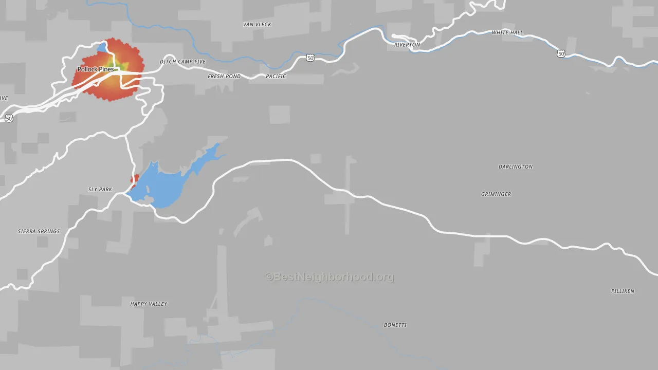 Walk Grade map of White Hall, CA, walkable areas in green and car-dependent areas in red