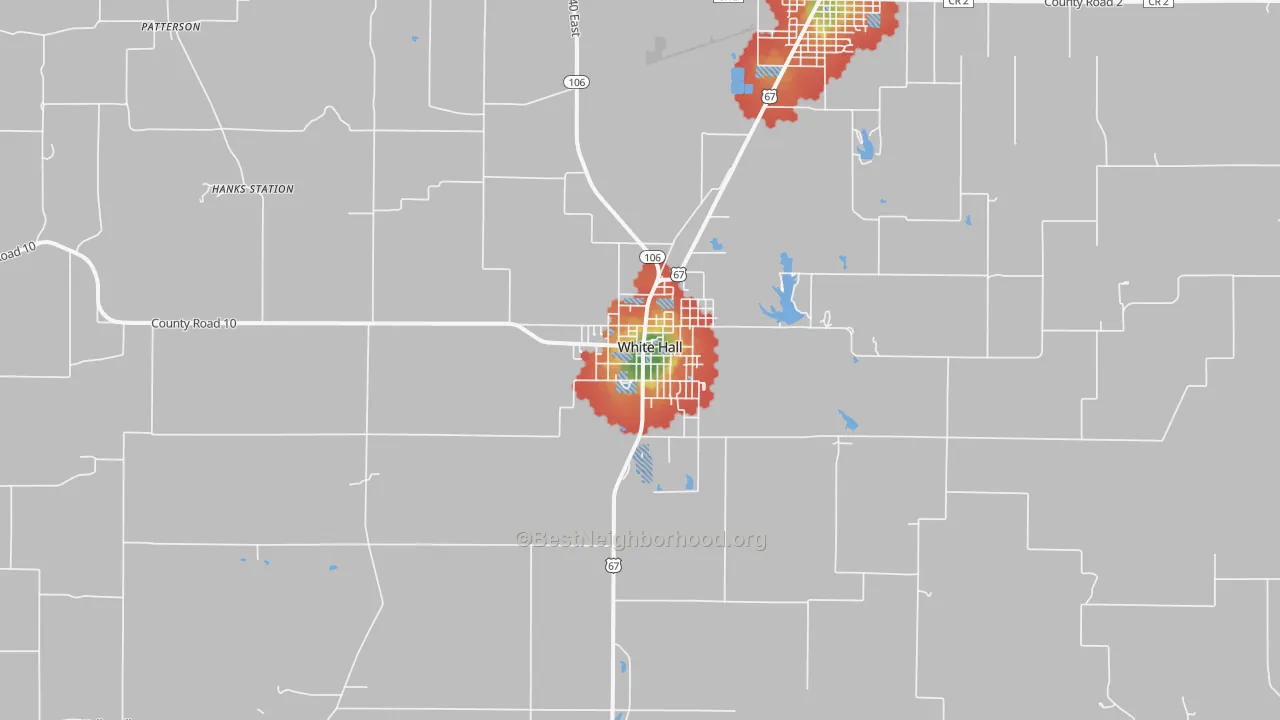 Walk Grade map of White Hall, IL, walkable areas in green and car-dependent areas in red