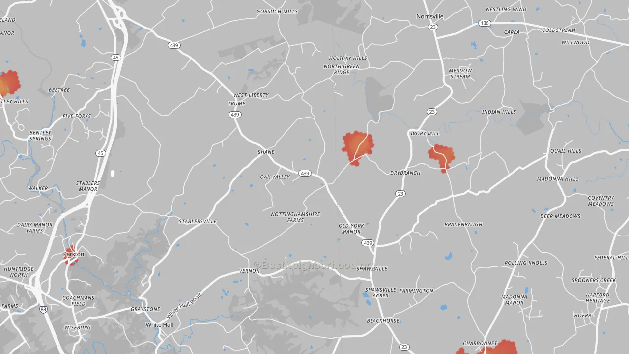 Walk Grade map of White Hall, MD, walkable areas in green and car-dependent areas in red