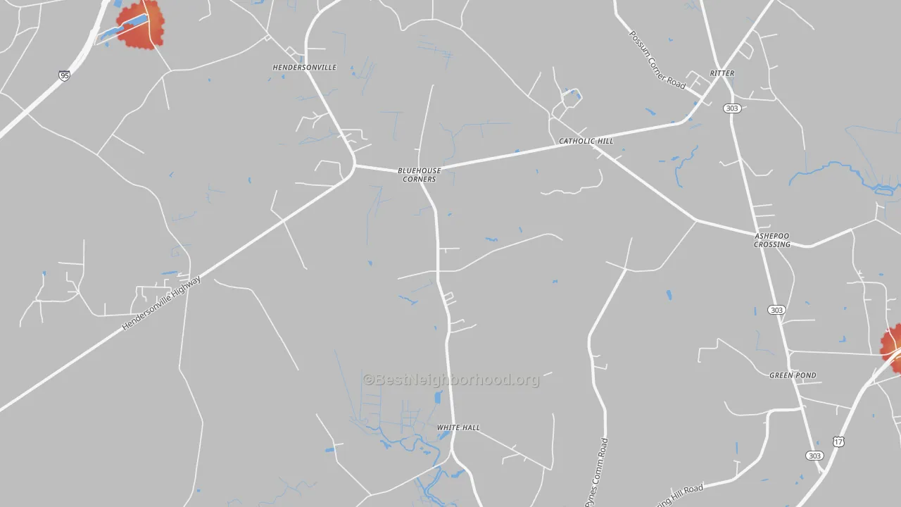 Walk Grade map of White Hall, SC, walkable areas in green and car-dependent areas in red