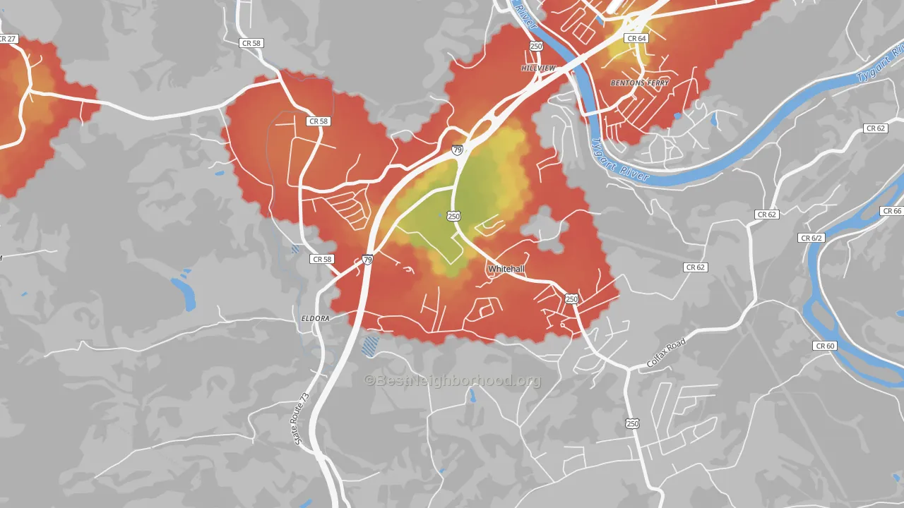 Walk Grade map of White Hall, WV, walkable areas in green and car-dependent areas in red