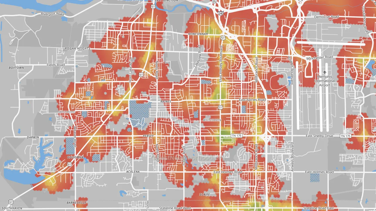 Walk Grade map of White Haven-Coro Lake, Memphis, TN, walkable areas in green and car-dependent areas in red
