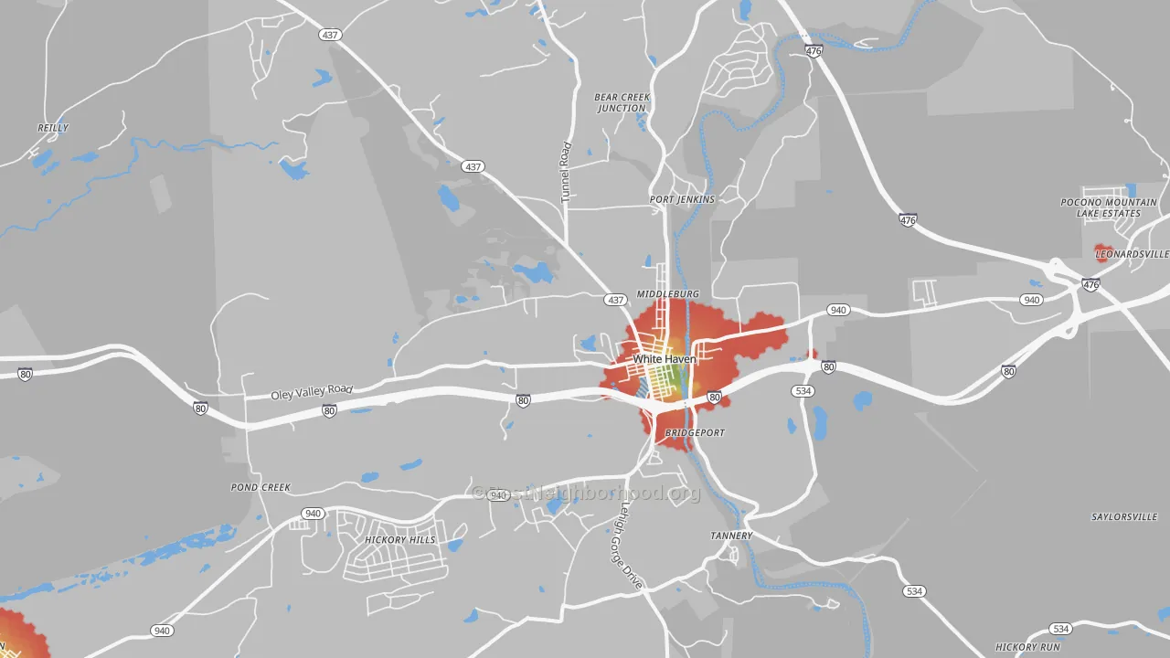 Walk Grade map of White Haven, PA, walkable areas in green and car-dependent areas in red