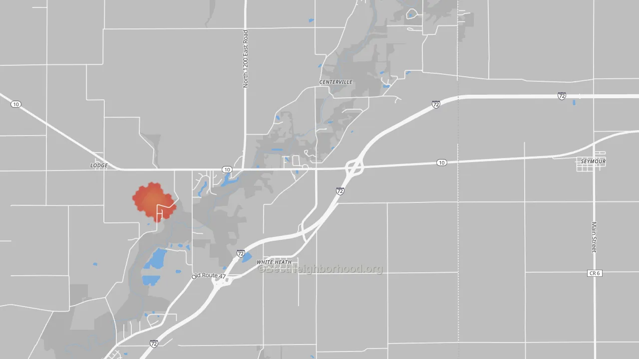 Walk Grade map of White Heath, IL, walkable areas in green and car-dependent areas in red