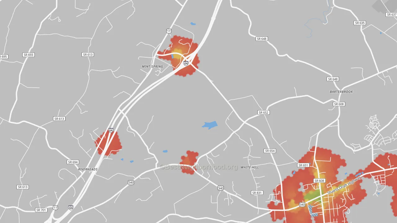 Walk Grade map of White Hill, VA, walkable areas in green and car-dependent areas in red