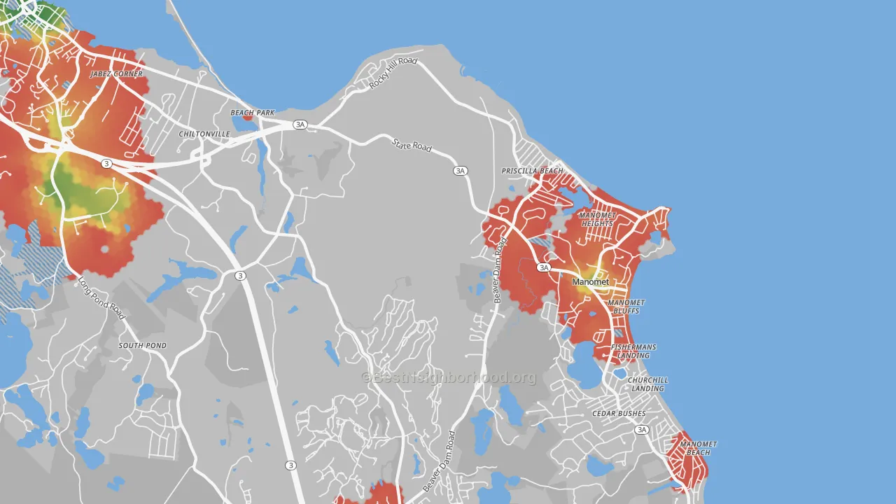 Walk Grade map of White Horse Beach, MA, walkable areas in green and car-dependent areas in red