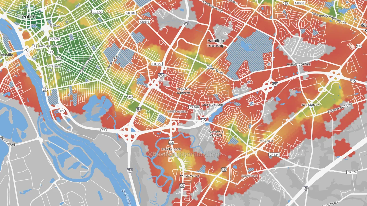 Walk Grade map of White Horse, NJ, walkable areas in green and car-dependent areas in red
