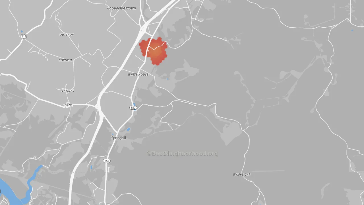 Walk Grade map of White House, PA, walkable areas in green and car-dependent areas in red