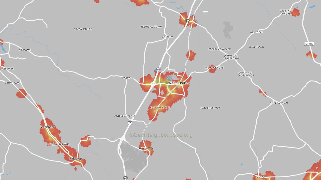 Walk Grade map of White House, TN, walkable areas in green and car-dependent areas in red