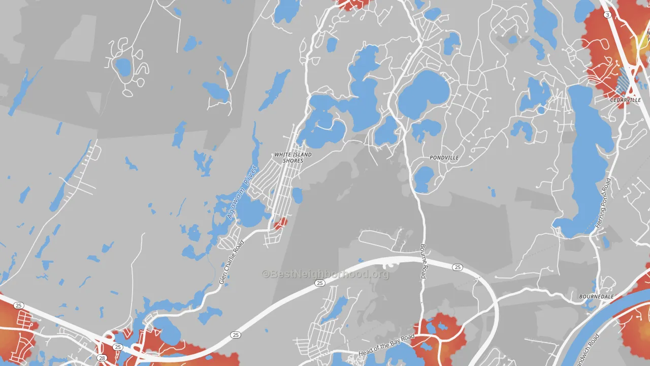 Walk Grade map of White Island Shores, MA, walkable areas in green and car-dependent areas in red