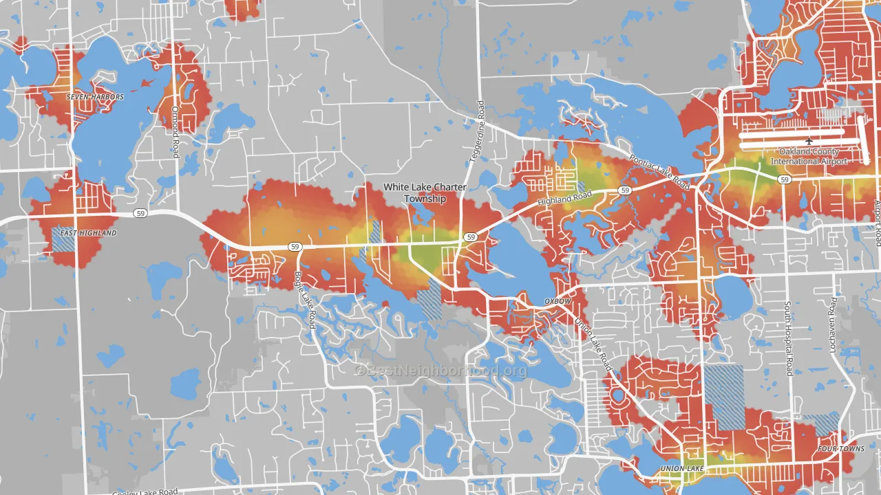 Walk Grade map of White Lake, MI, walkable areas in green and car-dependent areas in red