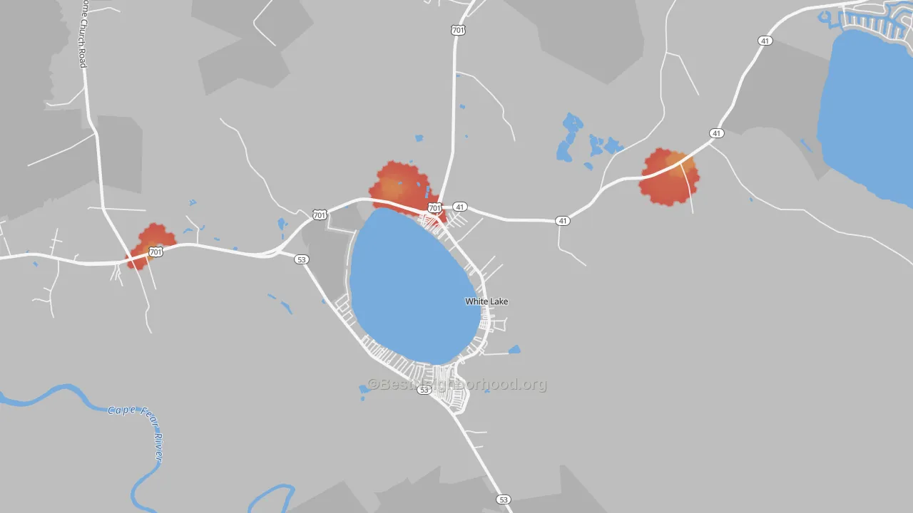 Walk Grade map of White Lake, NC, walkable areas in green and car-dependent areas in red