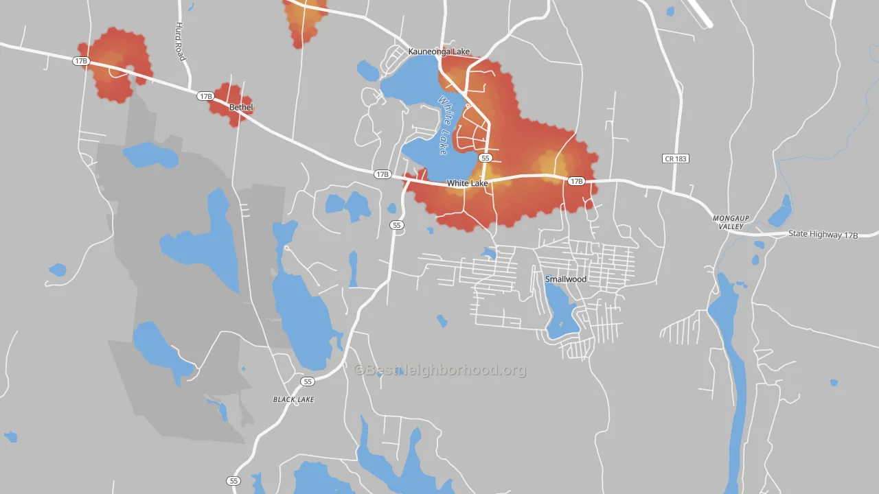 Walk Grade map of White Lake, NY, walkable areas in green and car-dependent areas in red