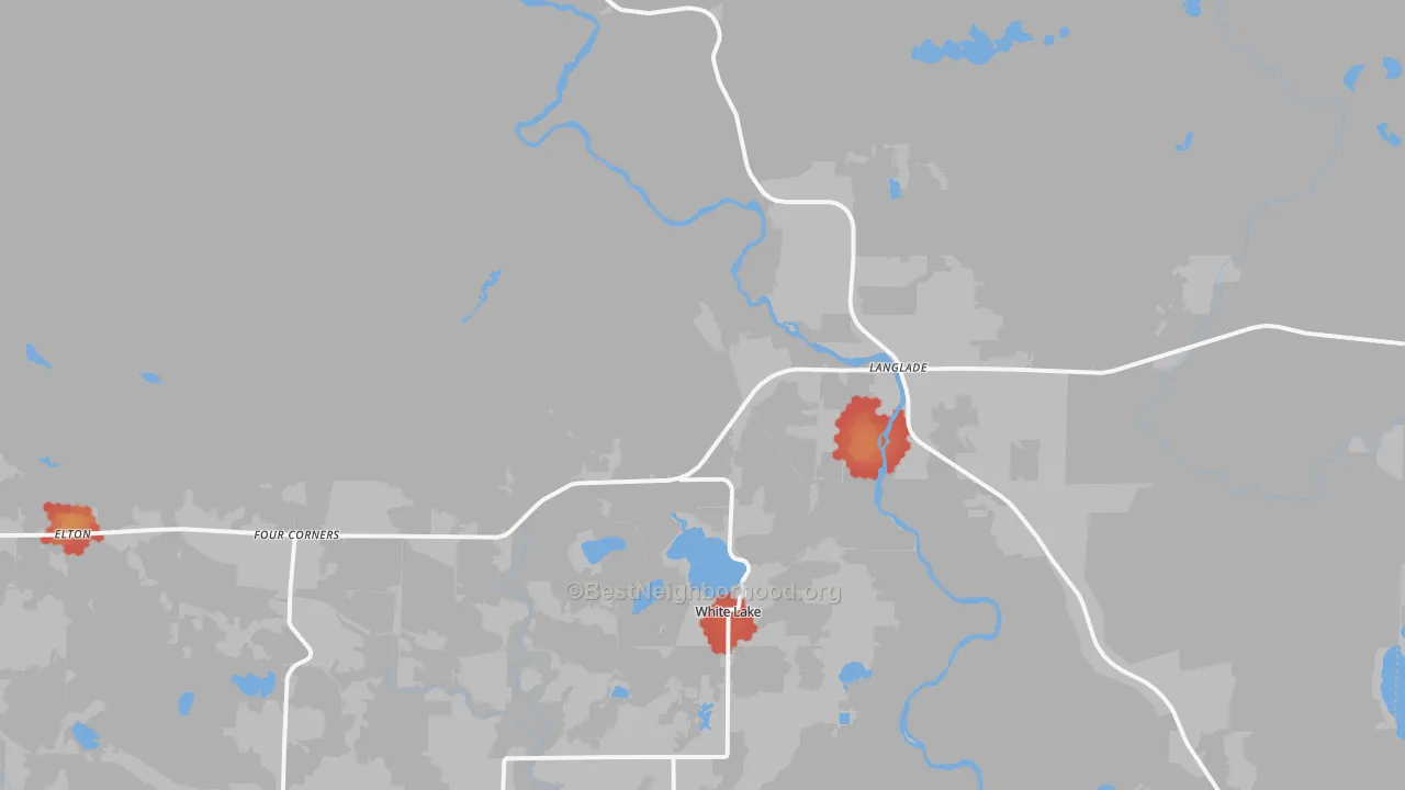 Walk Grade map of White Lake, WI, walkable areas in green and car-dependent areas in red