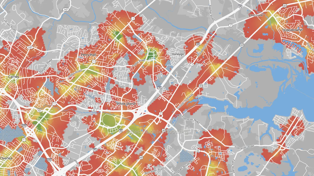 Walk Grade map of White Marsh, MD, walkable areas in green and car-dependent areas in red