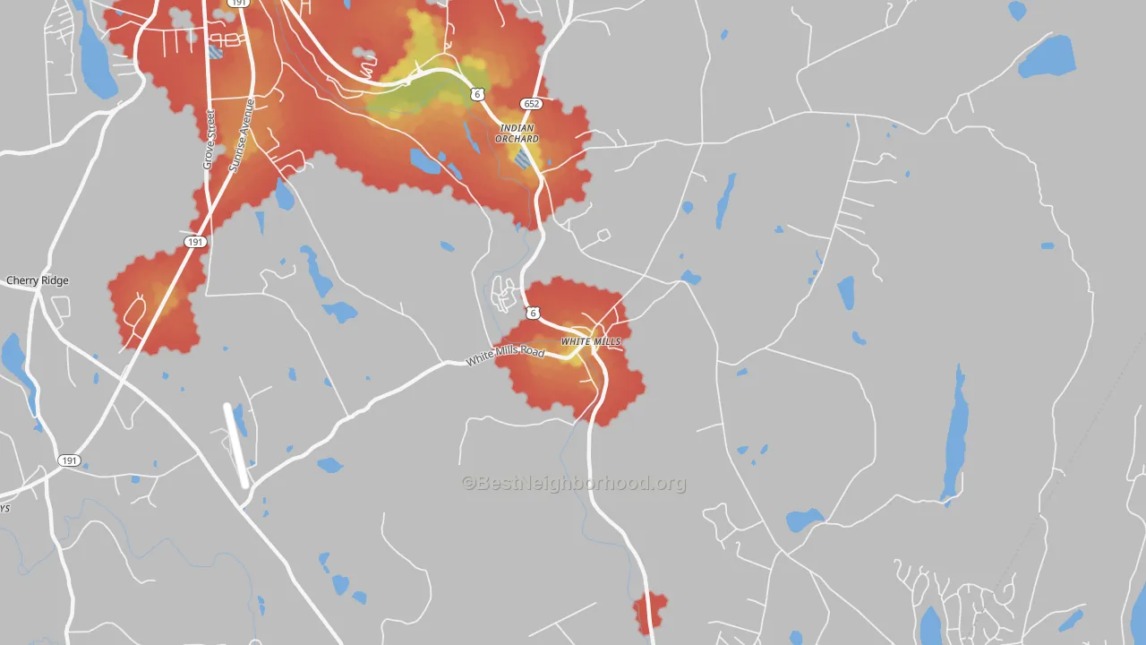 Walk Grade map of White Mills, PA, walkable areas in green and car-dependent areas in red